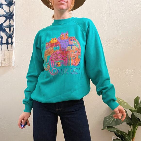 Vintage NWT 1980's Laurel Burch I Love Cats Teal Sweatshirt - Picture 6 of 9